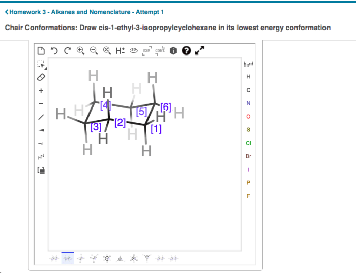 Draw cis-1-ethyl-2-isopropylcyclohexane in its lowest energy conformation.